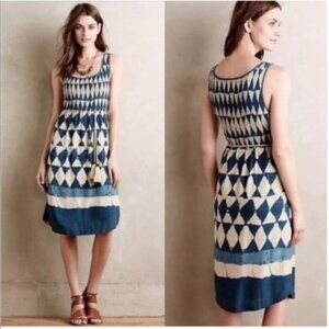 Anthropologie Maeve Castalia Dress Blue Ikat Diamond, 12